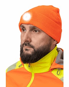 Шапка трикотажная оранжевая с двумя перезаряжаемыми LED фонарями B028